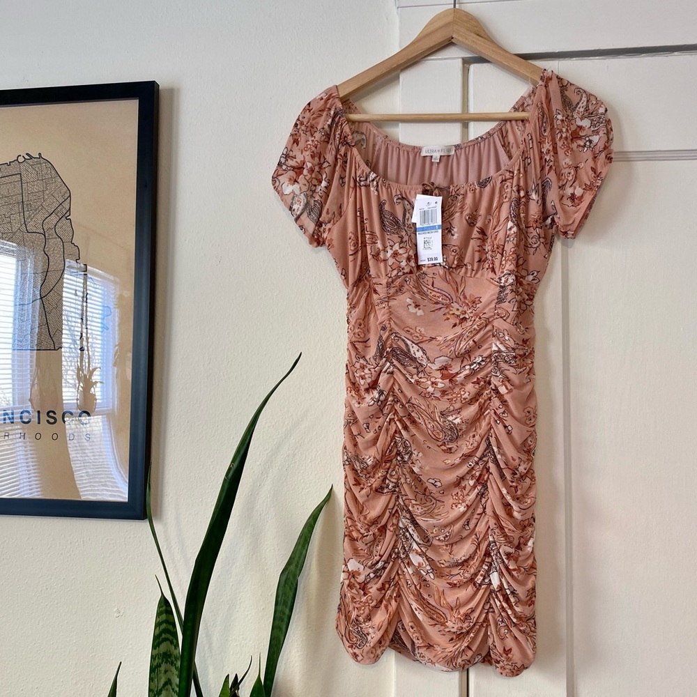 Brand new, rose colored cherry blossom ruched mesh dress, size S